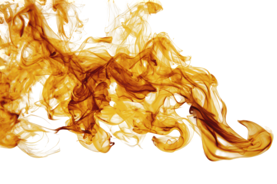 Abstract orange and yellow smoke swirls isolated on transparent background. Vibrant orange and yellow smoke isolated on white background.