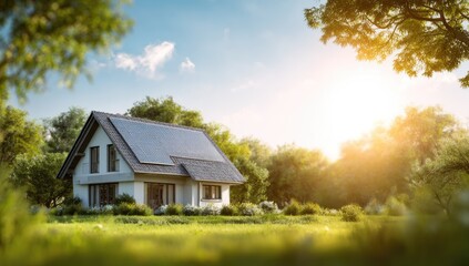 Obraz premium House with solar panels nestled in a leafy, sunlit setting