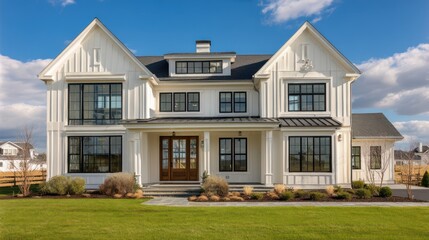 Obraz premium Contemporary Colonial farmhouse hybrid with symmetrical form vertical board siding black-framed windows and central entry path photographed in