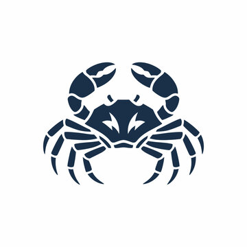 A stylized dark blue crab silhouette with sharp claws and legs on a white background.