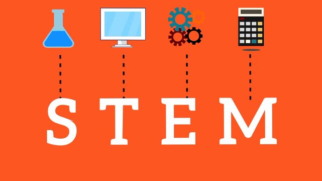 STEM education concept with bold STEAM text featuring test tube, computer, gear, and calculator.