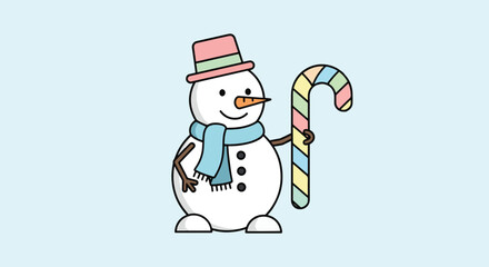 Snowman Holding a Pastel Colored Candy Cane Flat Vector Pastel Color Palette Outlined Style