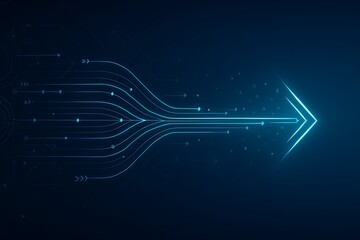 Multiple glowing data streams merging into single bright arrow, concept of alignment, strategy and focused business direction
