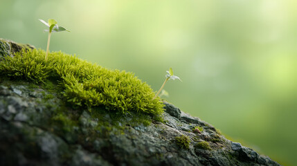 Close-Up of Lush Green Moss and New Sprouts on Weathered Rock | Nature Macro Photography for Wellness, Eco Design, and Backgrounds