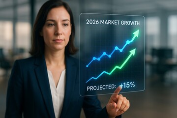 Confident businesswoman analyzing holographic market growth chart in modern office, concept of financial planning and strategic leadership