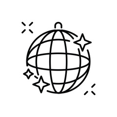 A globe with longitudelatitude lines surrounded by stars