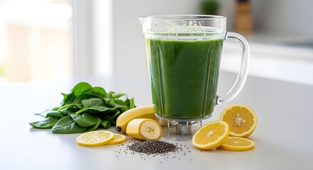 Vibrant green smoothie ingredients ready for blending boost your energy naturally with bananas spinach lemon and chia seeds in this healthy lifestyle shot