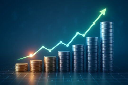 Futuristic financial background with rising columns of money and neon arrow, symbolizing profit, revenue and economic success