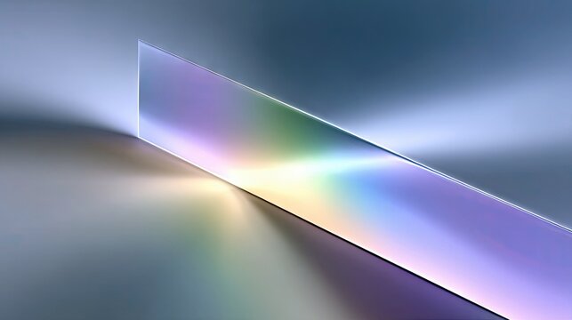 A geometric prism refracts light, casting a spectrum of rainbow colors and shadows across a smooth, gradient background. Abstract science and light effect. - Powered by Adobe
