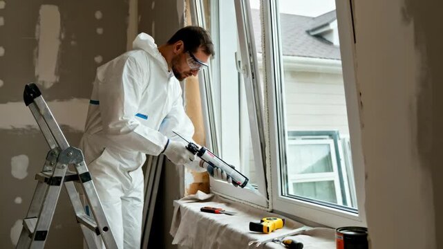 Close medium shot of a glazier sealing doublepane windows ensuring airtight insulation and noise reduction in a suburban house renovation.