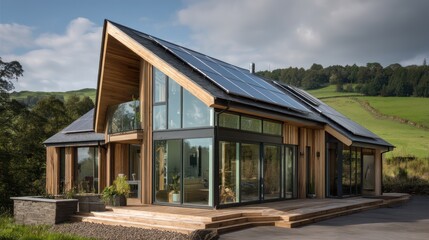 Contemporary UK eco-home green roof solar panels and timber cladding blending with the surrounding countryside