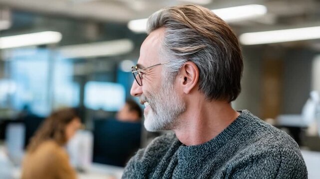 Focused Contemplation: A distinguished gentleman, glasses perched, gazes thoughtfully into the distance, perhaps contemplating a business endeavor, with an air of sophisticated maturity.