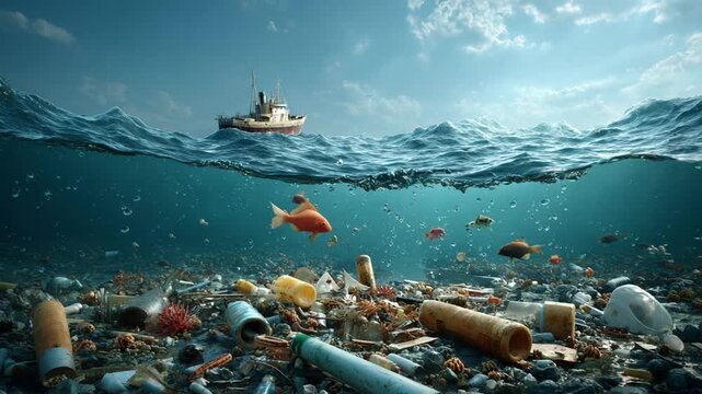 Oceanic Crisis: A stark visual representation of the dire consequences of pollution, a ship sails on the surface while underwater debris suffocates marine life, evoking a sense of urgency.