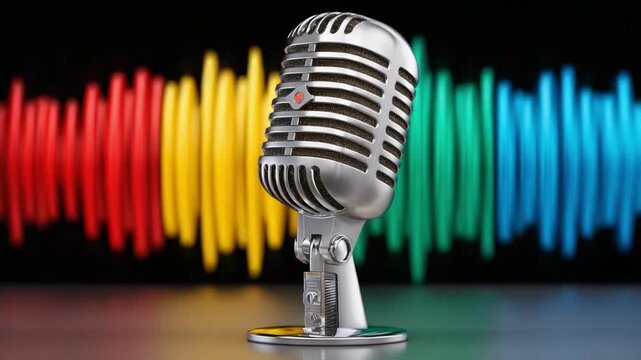 Vintage Microphone and Sound Waves: A classic chrome microphone stands prominently, set against a dynamic backdrop of vibrant sound waves, symbolizing the power and essence of sound recording.