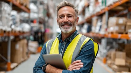 Warehouse Supervisor's Expertise: A seasoned warehouse supervisor, radiating confidence and expertise, stands in the midst of organized shelves, holding a tablet.