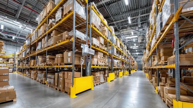 Warehouse Order: A spacious warehouse showcases orderly storage of packaged goods, highlighting efficient logistics and inventory management.