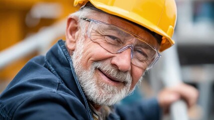 Smiling Builder: A weathered builder, radiating contentment, dons a yellow hard hat and safety glasses, his eyes crinkling with warmth as he smiles, representing dedication and craftsmanship.