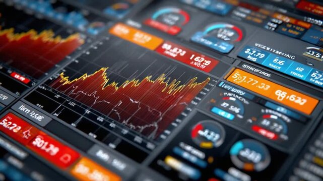 Financial Analytics: A close-up view of a complex digital interface displaying real-time financial data, intricate graphs and numerical readouts.