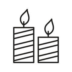 Two striped candles of different heights with flames