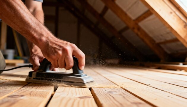 Worker sanding attic floor wood with close-up on hands. - Powered by Adobe