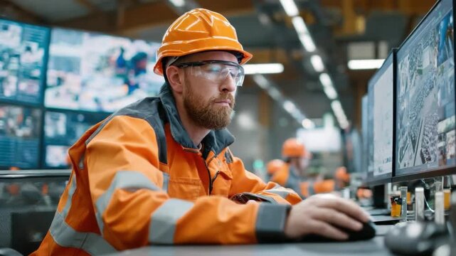 Technician at Work: A focused technician, clad in safety gear, intently monitors complex systems at a control station, demonstrating expertise and precision.