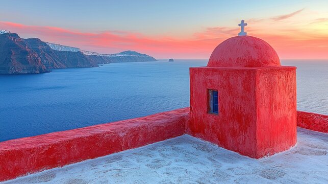 Coastal landscape at dusk features a red-domed structure overlooking serene blue water