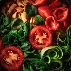Pasta, tomato, zucchini, and basil in a pan, overhead