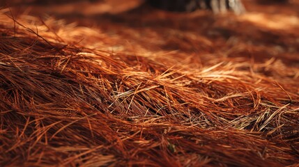 Dense bed of pine needles layered across forest ground sharp emphasize linear structure shadows layered naturally balanced exposure