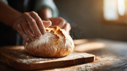 a bakers flour-dusted hands placing a loaf
