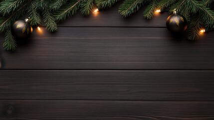 Evergreen spruce branches forming a decorative frame with shimmering fairy lights, bronze ornament, and natural pine cones on a dark wooden background, setting a warm Christmas holiday mood.Copy space