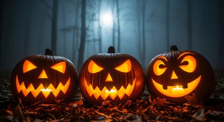 Carved Halloween Pumpkins with Glowing Eyes. three carved Halloween pumpkins Jack-o'-lanterns sitting on dry autumn leaves. Inside the pumpkins. Represents Halloween, holiday, scary, autumn, and party