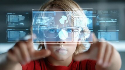 Futuristic Exploration: A curious child gazes intently at a holographic interface, interacting with virtual information. This scene captures the essence of tomorrow's technology and inquisitive minds. - Powered by Adobe
