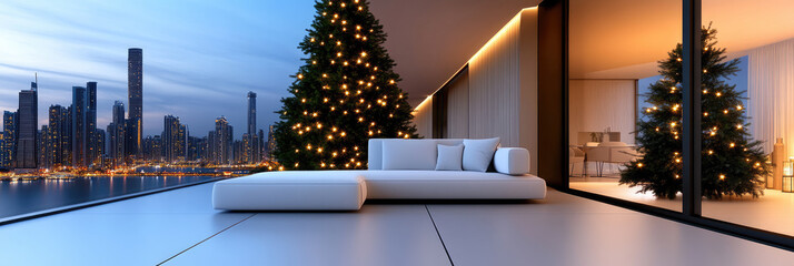 Obraz premium Christmas tree with glowing lights and wrapped gifts on modern penthouse terrace overlooking urban city skyline. Celebrating holidays in luxury apartment with large windows and evening view