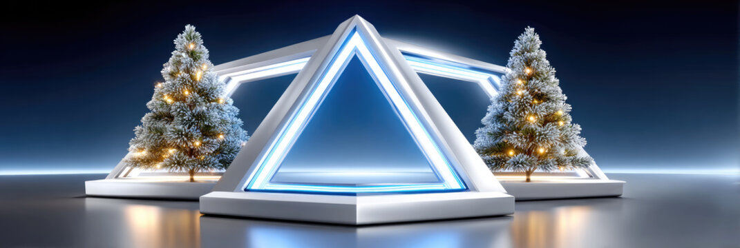 Abstract triangular decorations standing on a reflective surface, showcasing glowing internals, contemporary style, and embodying a minimalist approach to holiday decor in a dark winter setting