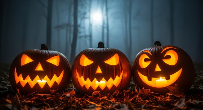 Carved Halloween Pumpkins with Glowing Eyes. three carved Halloween pumpkins Jack-o'-lanterns sitting on dry autumn leaves. Inside the pumpkins. Represents Halloween, holiday, scary, autumn, and party