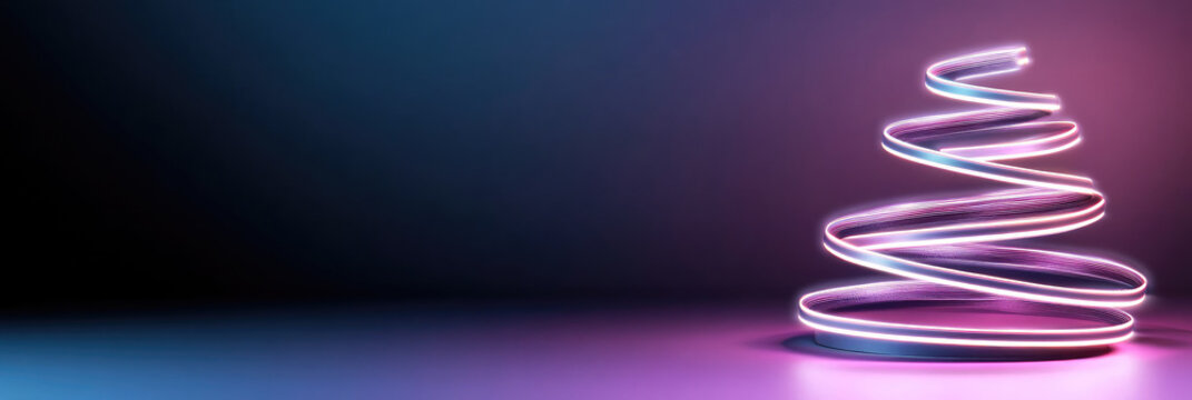 Abstract Christmas tree forms a futuristic neon light spiral, creating a vibrant glowing effect with pink, purple, and blue strips against a dark background, representing modern holiday celebration