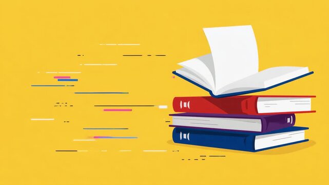 Colorful Stack of Books with Flying Pages on Yellow Background for Education and Reading Concepts