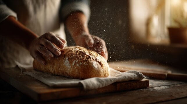 a bakers flour-dusted hands placing a loaf
