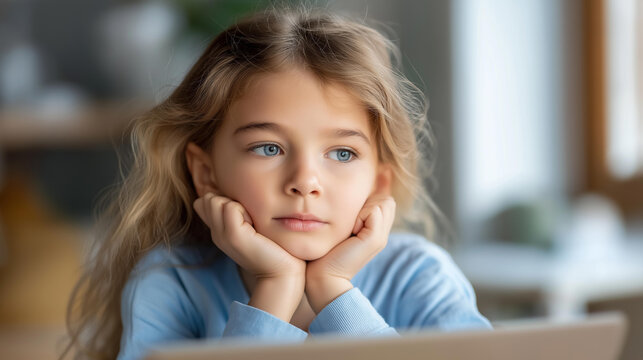 Nine year old girl learning at defocused home setting, bored student, studying visualization detail, blurred domestic background, education concept, remote interface, lear