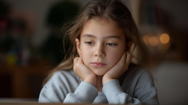 Nine year old girl learning at defocused home setting, bored student, studying visualization detail, blurred domestic background, education concept, remote interface, lear