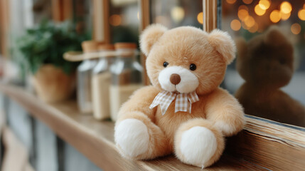 Teddy bear nestled cozy window defocused seat placement, comfort setup, plush visualization detail, blurred domestic background, cozy concept, toy interface, window displa
