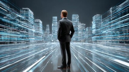 Visionary Architect Contemplating City: A focused man with his back to the viewer stands in front of a futuristic cityscape. The scene depicts business vision, progress, and ambition.