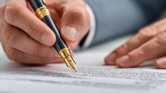 Signing Important Documents: A close-up shot of a hand meticulously signing a document with a sophisticated fountain pen, symbolizing agreements, commitments, and the legal aspects of business. 