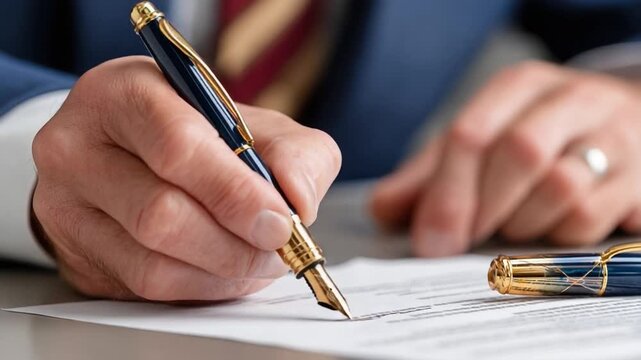 Precision in Contract: A close-up shot of a hand meticulously signing a legal document with a classic fountain pen, encapsulating the essence of agreement and precision.