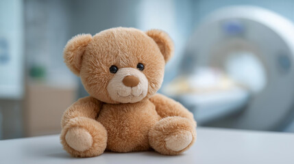 Obraz premium Plush teddy bear on table defocused near MRI scanner, medical comfort, diagnostic visualization detail, blurred hospital background, pediatric concept, imaging interface,