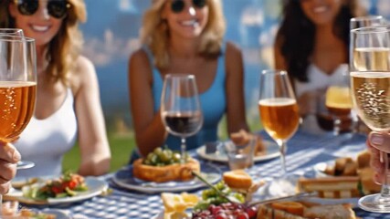Cheers to the Good Life: A convivial gathering of friends enjoying a lavish outdoor feast, raising glasses filled with diverse beverages in a moment of pure camaraderie.