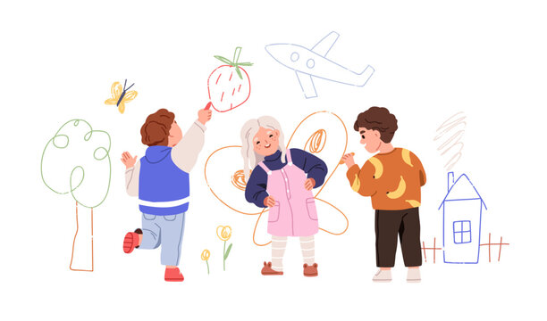 Kids drawing on wall. Happy children with chalk, crayon pencil sketching, scribbling doodles, butterfly. Creative preschool boys and girl. Flat vector illustration isolated on white background