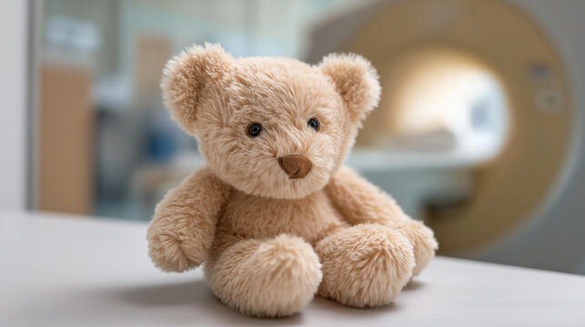 Plush teddy bear on table defocused near MRI scanner, medical comfort, diagnostic visualization detail, blurred hospital background, pediatric concept, imaging interface, - Powered by Adobe