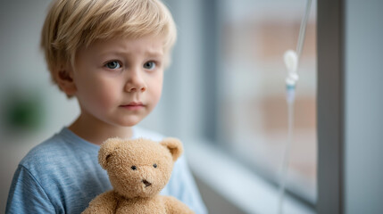 Frightened young boy with IV defocused teddy bear, hospital patient, window visualization detail, blurred pediatric background, pre-surgery concept, fear interface, ward d