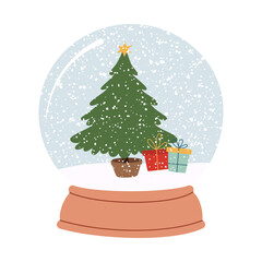 Christmas tree with gifts. Snow globe. Isolated on white background.